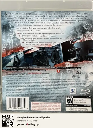 Vampire Rain: Altered Species PlayStation 3, NTSC box back