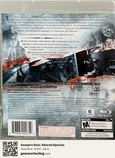 Vampire Rain: Altered Species PlayStation 3, NTSC box back
