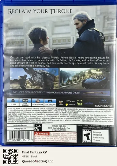 Final Fantasy XV PlayStation 4, NTSC box back