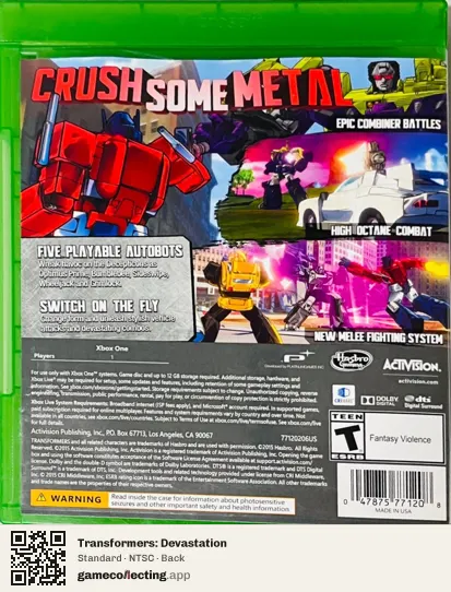 Transformers: Devastation Xbox One, NTSC box back