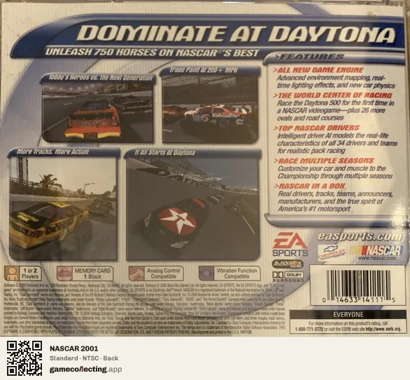 NASCAR 2001 PlayStation, NTSC box back