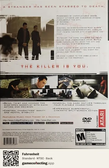 Fahrenheit PlayStation 2, NTSC box back