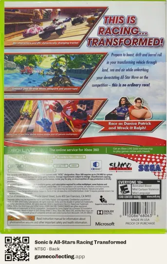 Sonic & All-Stars Racing Transformed Xbox 360, NTSC box back