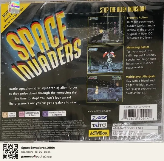 Space Invaders (1999) PlayStation, NTSC box back