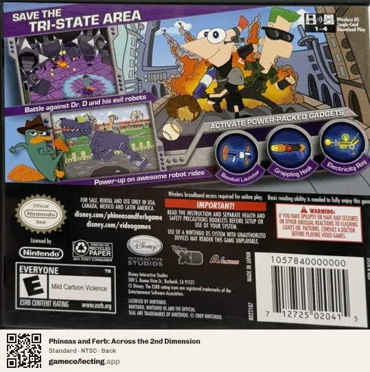 Phineas and Ferb: Across the 2nd Dimension Nintendo DS, NTSC box back