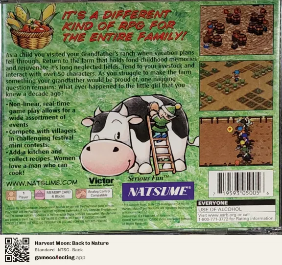 Harvest Moon: Back to Nature PlayStation, NTSC box back