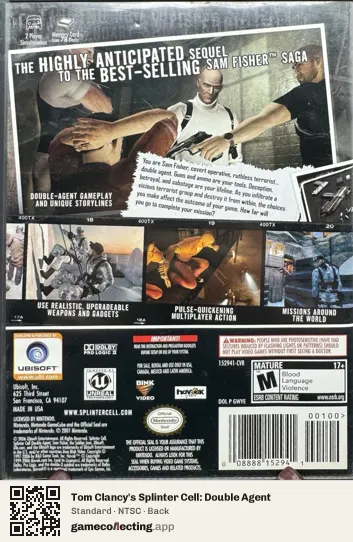 Tom Clancy's Splinter Cell: Double Agent Nintendo GameCube, NTSC box back