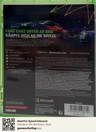 Need for Speed Unbound Xbox Series X, Germany box back