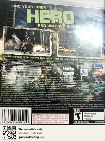 The Incredible Hulk PlayStation 3, NTSC box back