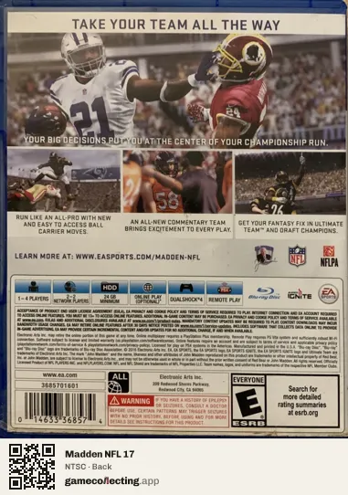 Madden NFL 17 PlayStation 4, NTSC box back