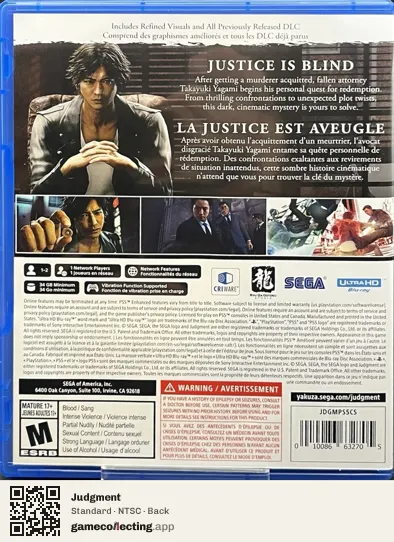 Judgment PlayStation 5, NTSC box back