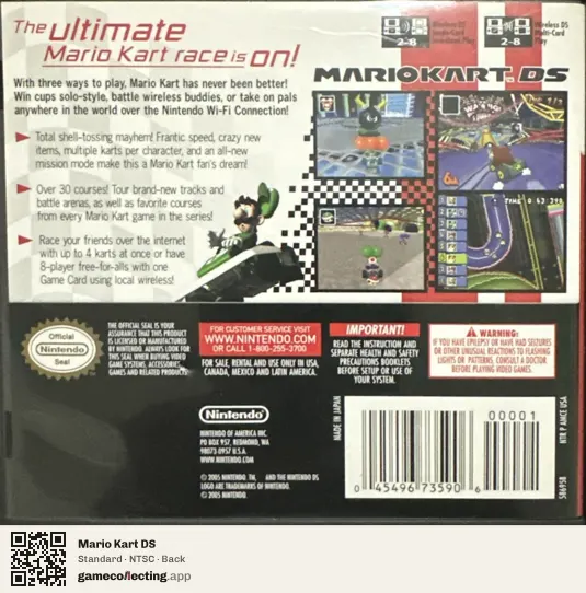 Mario Kart DS Nintendo DS, NTSC box back