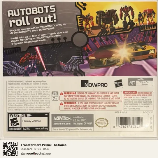 Transformers Prime: The Game Nintendo 3DS, NTSC box back