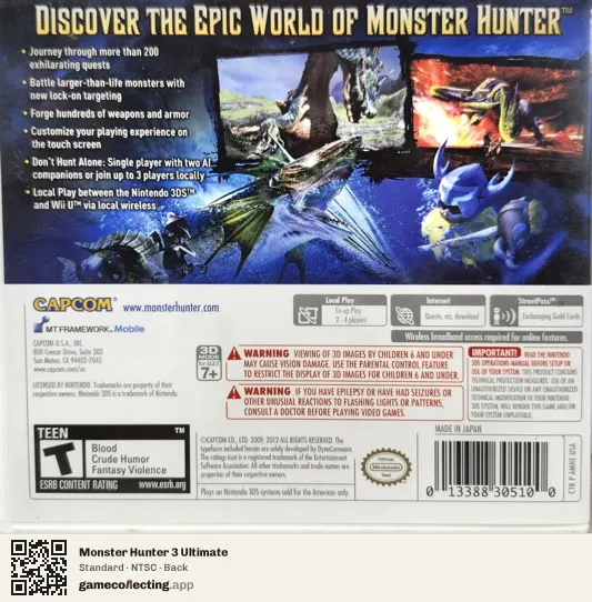Monster Hunter 3 Ultimate Nintendo 3DS, NTSC box back