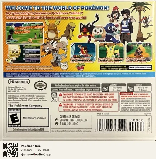 Pokémon Sun Nintendo 3DS, NTSC box back