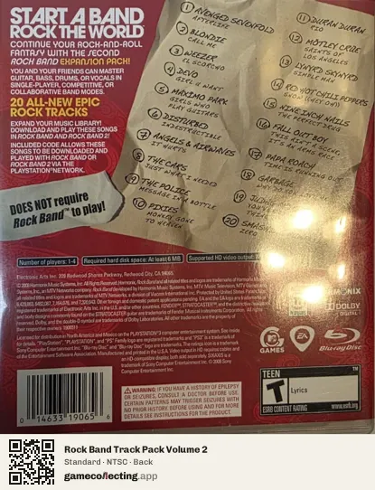 Rock Band Track Pack Volume 2 PlayStation 3, NTSC box back