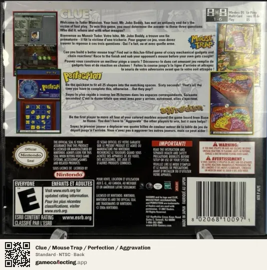 Clue / Mouse Trap / Perfection / Aggravation Nintendo DS, NTSC box back