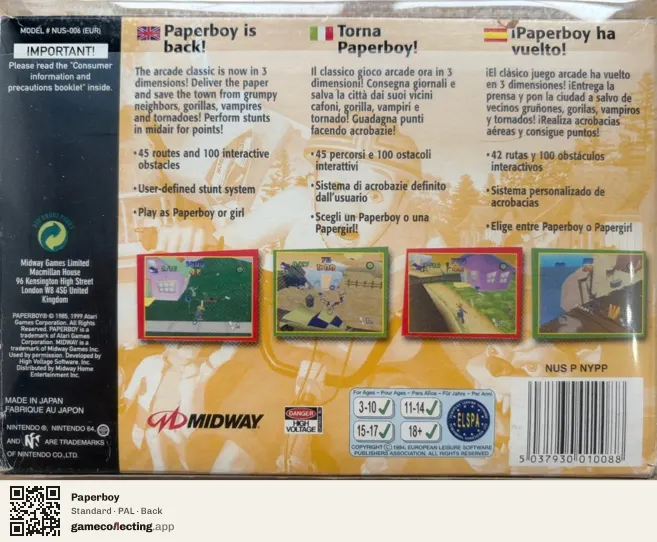 Paperboy Nintendo 64, PAL box back