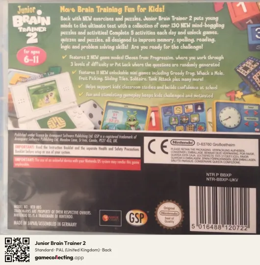 Junior Brain Trainer 2 Nintendo DS, United Kingdom box back