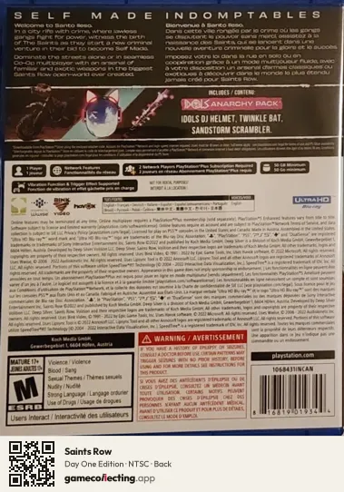 Saints Row PlayStation 5, NTSC box back