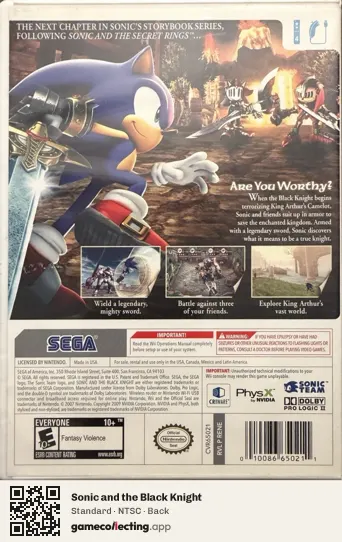 Sonic and the Black Knight Nintendo Wii, NTSC box back