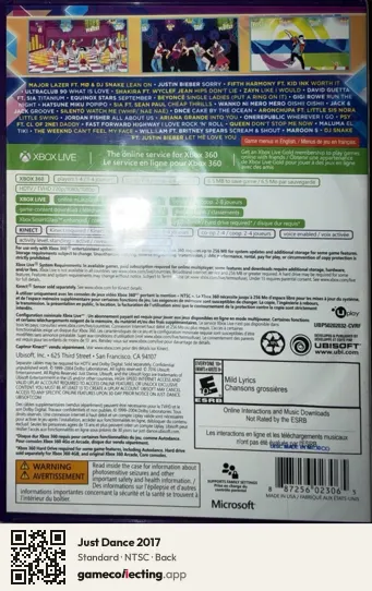 Just Dance 2017 Xbox 360, NTSC box back