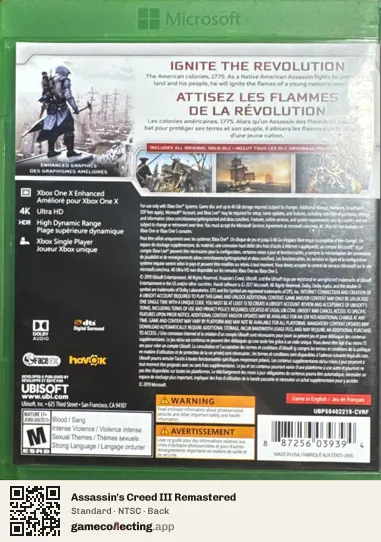 Assassin's Creed III Remastered Xbox One, NTSC box back