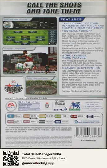 Total Club Manager 2004 Computer, PAL box back
