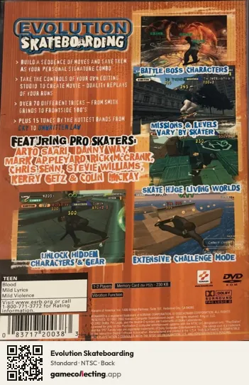 Evolution Skateboarding PlayStation 2, NTSC box back