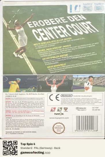 Top Spin 4 Nintendo Wii, Germany box back