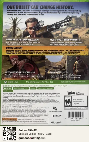 Sniper Elite III Xbox 360, NTSC box back