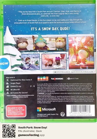 South Park: Snow Day! Xbox Series X, Australia box back