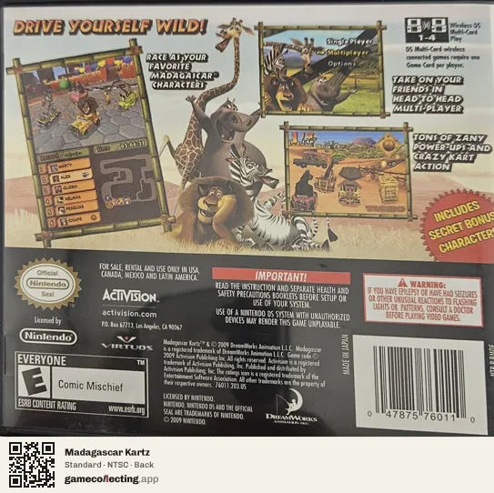 Madagascar Kartz Nintendo DS, NTSC box back