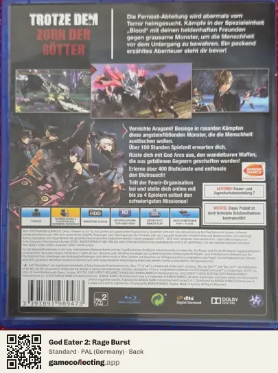 God Eater 2: Rage Burst PlayStation 4, Germany box back