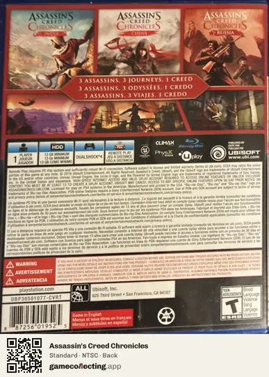 Assassin's Creed Chronicles PlayStation 4, NTSC box back