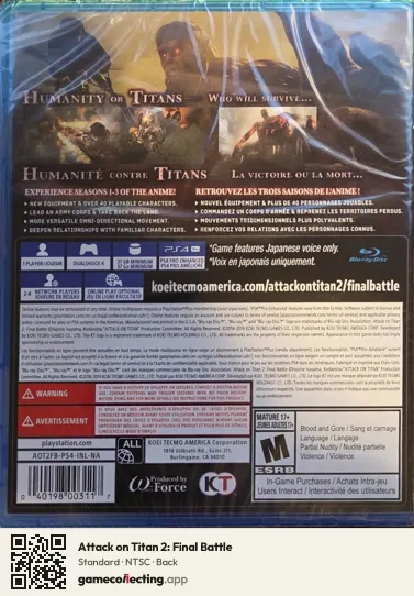 Attack on Titan 2: Final Battle PlayStation 4, NTSC box back