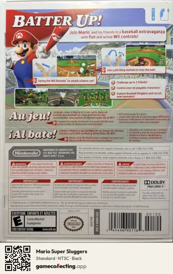Mario Super Sluggers Nintendo Wii, NTSC box back