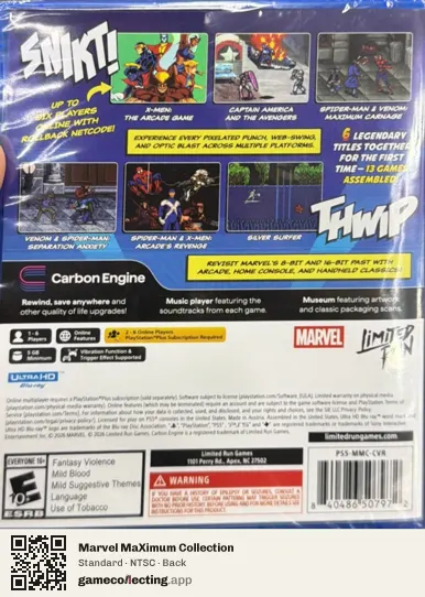 Marvel MaXimum Collection PlayStation 5, NTSC box back