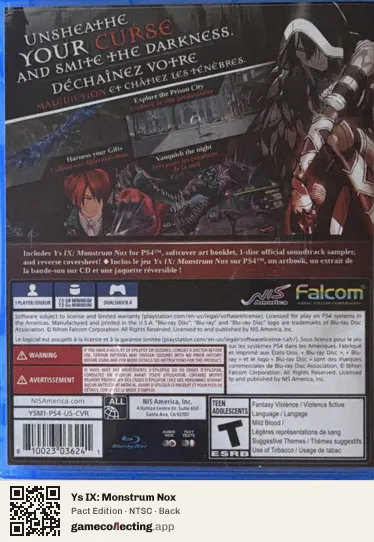 Ys IX: Monstrum Nox PlayStation 4, NTSC box back