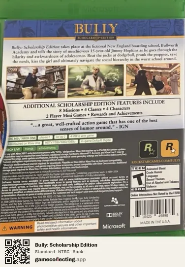 Bully: Scholarship Edition Xbox 360, NTSC box back