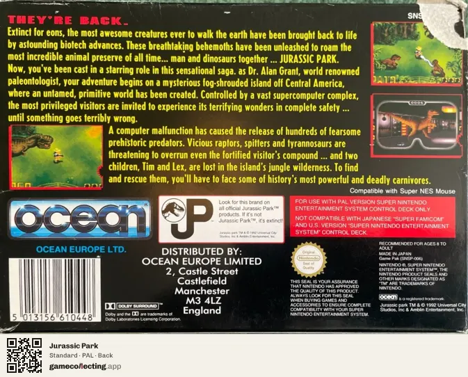 Jurassic Park Super Nintendo Entertainment System, PAL box back