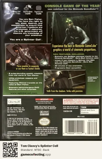 Tom Clancy's Splinter Cell Nintendo GameCube, NTSC box back