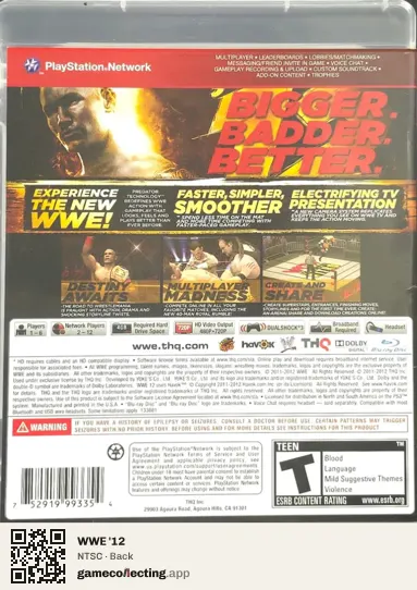 WWE '12 PlayStation 3, NTSC box back