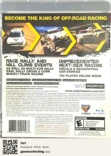 Dirt PlayStation 3, NTSC box back