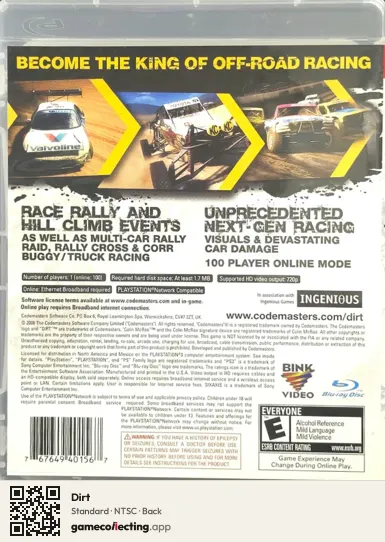 Dirt PlayStation 3, NTSC box back