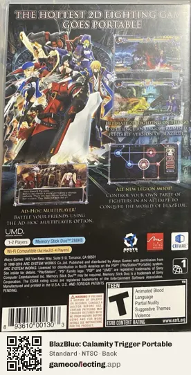 BlazBlue: Calamity Trigger Portable PlayStation Portable, NTSC box back