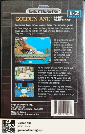 Golden Axe Sega Mega Drive / Genesis, NTSC box back