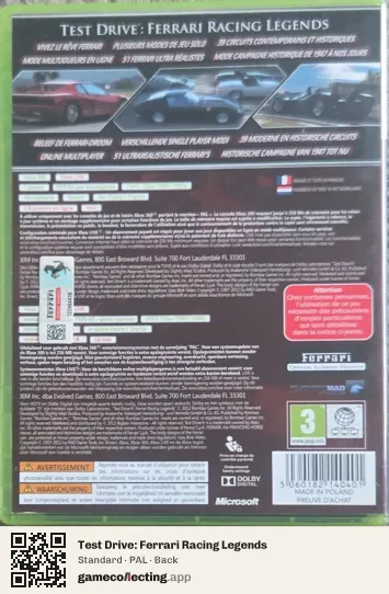 Test Drive: Ferrari Racing Legends Xbox 360, PAL box back