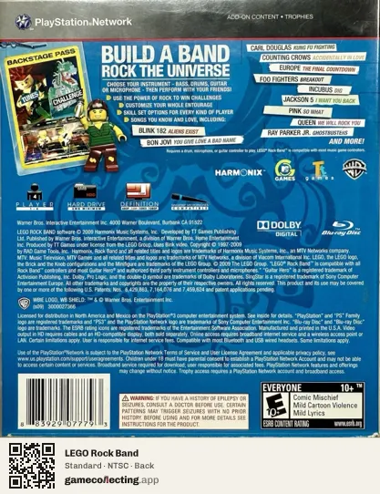 LEGO Rock Band PlayStation 3, NTSC box back