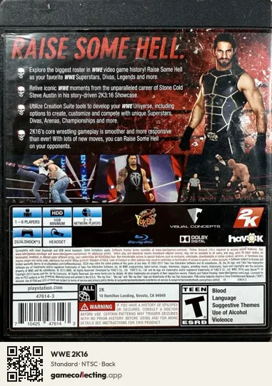 WWE 2K16 PlayStation 3, NTSC box back